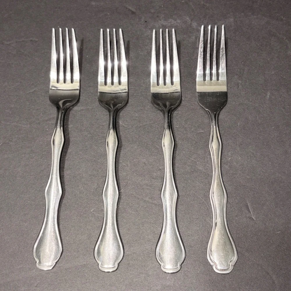 Set of 4 Stainless Steel Dinner Forks Silver Fiddle Handle Scroll Detail 8